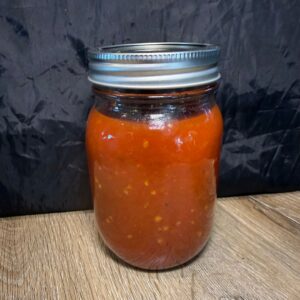 Homemade mild salsa jar from Hillview Livestock farm kitchen Austin Manitoba
